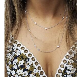 Silver-Tone Layered  Bezel Crystal Station Necklace & Dangle Earrings Set 36”